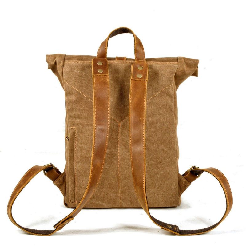 Vintage Rugzak Van Canvas Met Roltop En Laptophoes