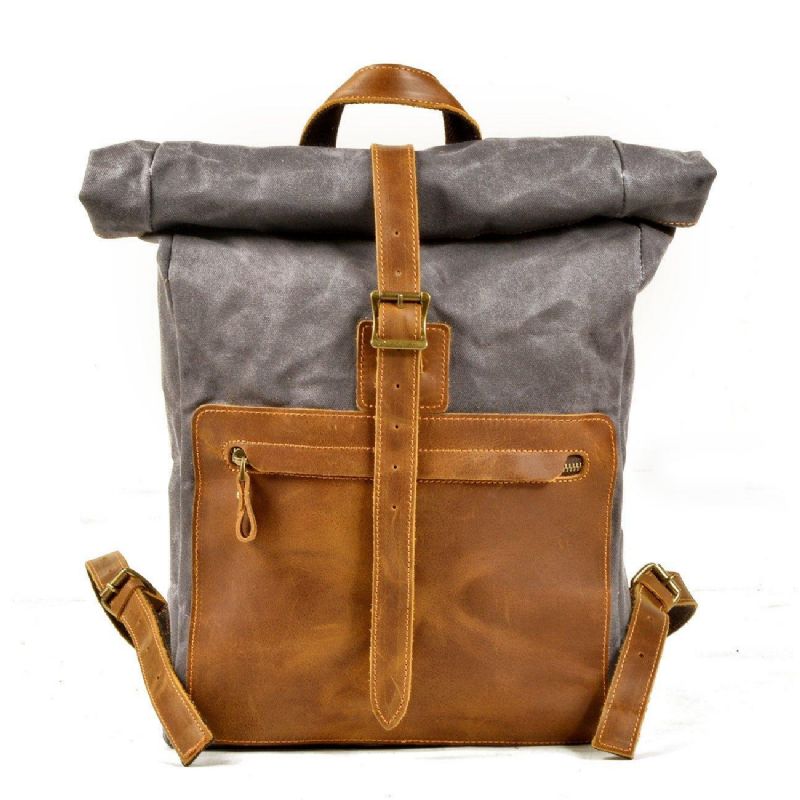 Vintage Rugzak Van Canvas Met Roltop En Laptophoes